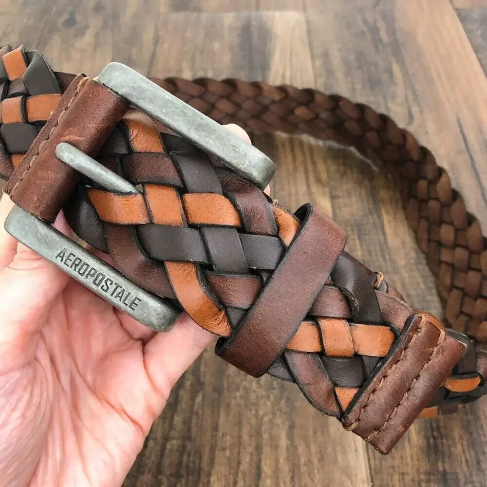 Aeropostale Y2K Wide Woven Leather Belt Rugged Durable Mens Size Medium Brown